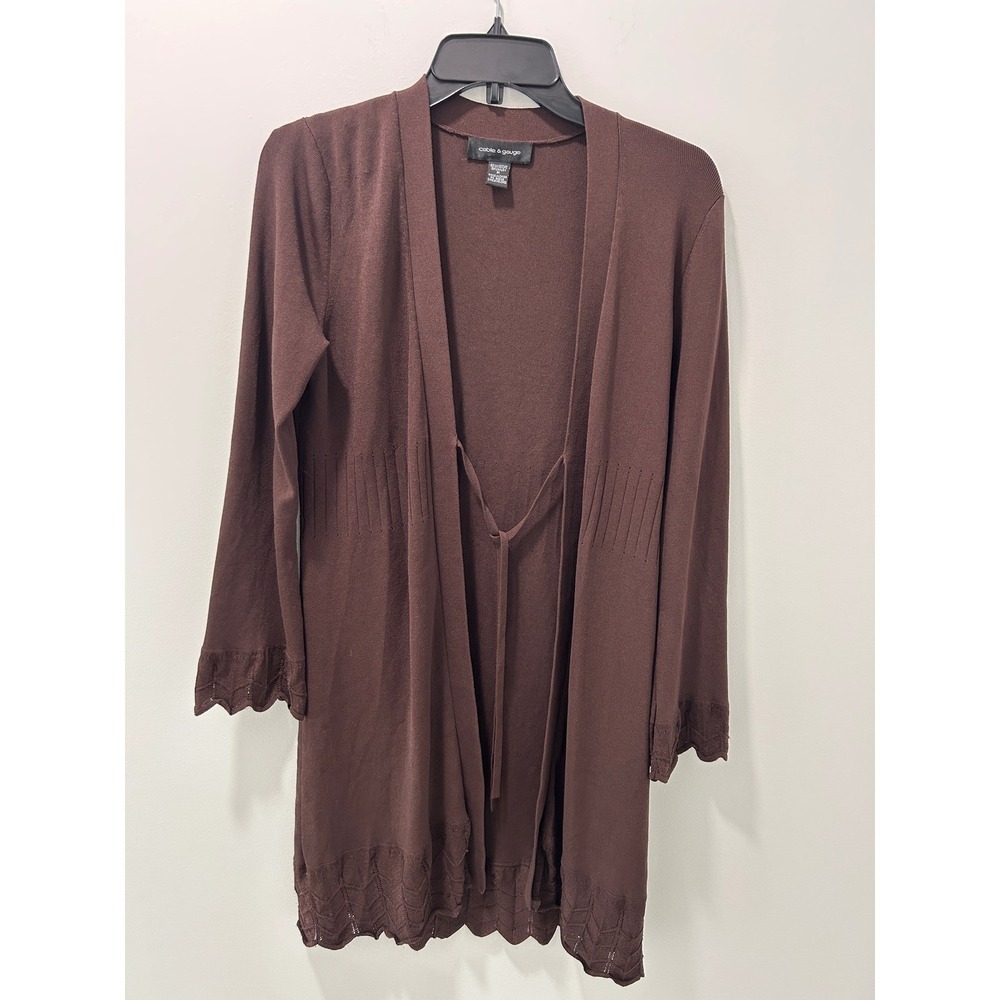 Cable & Gauge Brown Open Front Cardigan Scalloped Hem Pointelle Knit Medium